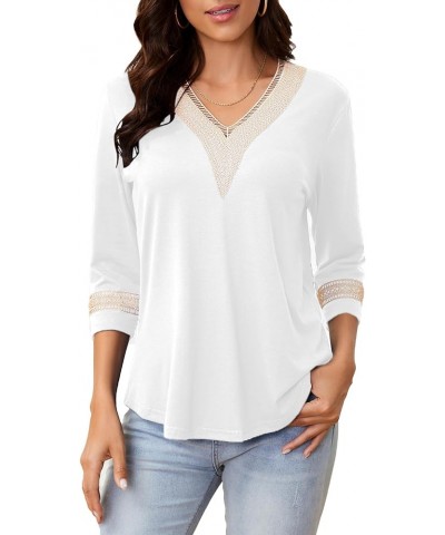 3/4 Sleeve Shirts for Women Casual Guipure Lace V Neck Blouse Color Block Dressy T Shirt Tops White $12.30 Blouses