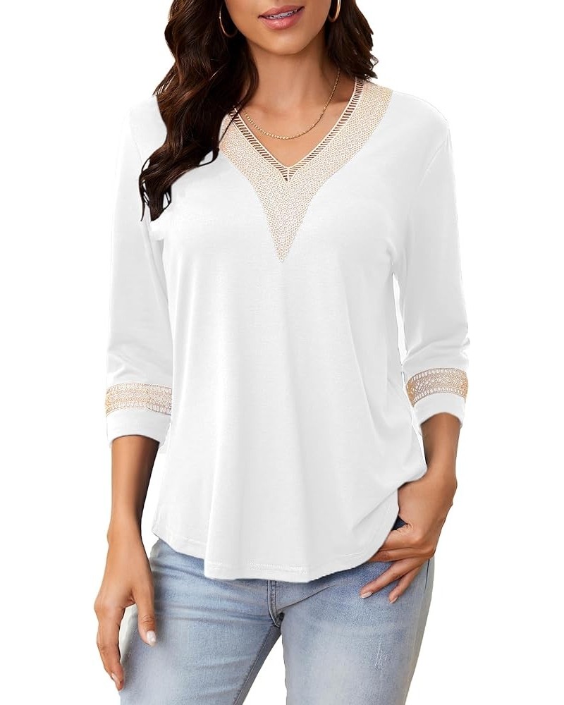 3/4 Sleeve Shirts for Women Casual Guipure Lace V Neck Blouse Color Block Dressy T Shirt Tops White $12.30 Blouses