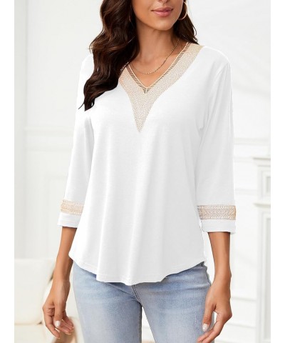 3/4 Sleeve Shirts for Women Casual Guipure Lace V Neck Blouse Color Block Dressy T Shirt Tops White $12.30 Blouses