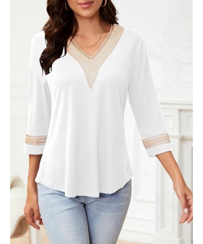 3/4 Sleeve Shirts for Women Casual Guipure Lace V Neck Blouse Color Block Dressy T Shirt Tops White $12.30 Blouses