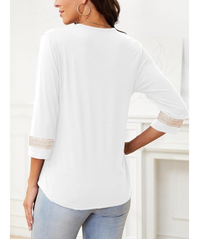 3/4 Sleeve Shirts for Women Casual Guipure Lace V Neck Blouse Color Block Dressy T Shirt Tops White $12.30 Blouses