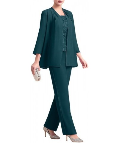 Chiffon 3 Pcs Mother of The Bride Pant Suits Lace Grandmother Formal Evening Wedding Guest Groom Dresses with Jacket Dusty Bl...