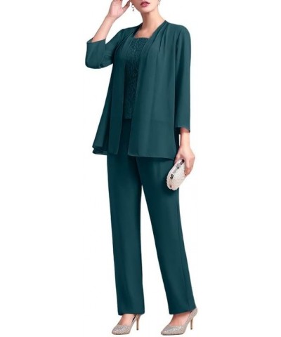 Chiffon 3 Pcs Mother of The Bride Pant Suits Lace Grandmother Formal Evening Wedding Guest Groom Dresses with Jacket Dusty Bl...