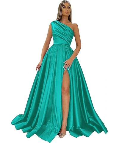One Shoulder Prom Dresses Long Slit Satin A Line Evening Formal Gowns for Women Turquoise $40.27 Dresses