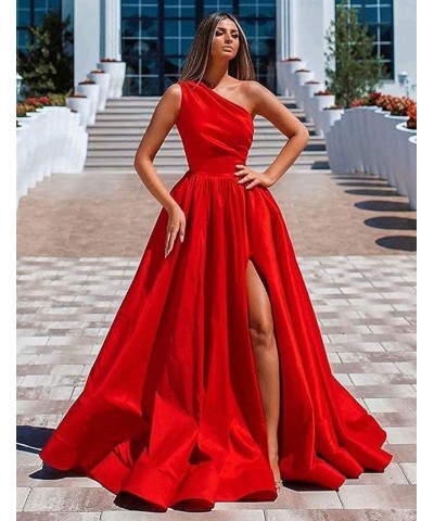 One Shoulder Prom Dresses Long Slit Satin A Line Evening Formal Gowns for Women Turquoise $40.27 Dresses