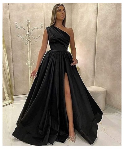 One Shoulder Prom Dresses Long Slit Satin A Line Evening Formal Gowns for Women Turquoise $40.27 Dresses