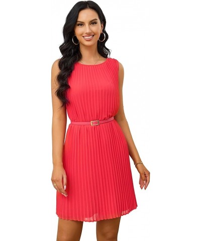Sleeveless Pleated Summer Dresses for Women Short Business Casual Cute Mini Shift Belted Dress Red $21.60 Dresses