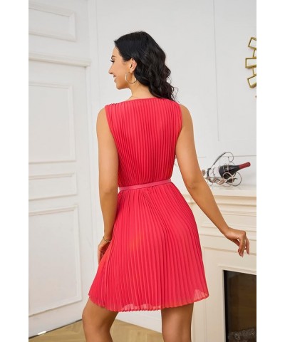 Sleeveless Pleated Summer Dresses for Women Short Business Casual Cute Mini Shift Belted Dress Red $21.60 Dresses