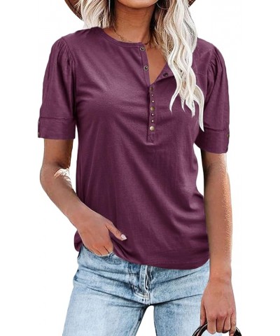 Women's Button Up Short Sleeve T Shirt Round Neck Solid Casual Tunic Shirts Wine Red $9.52 Tops