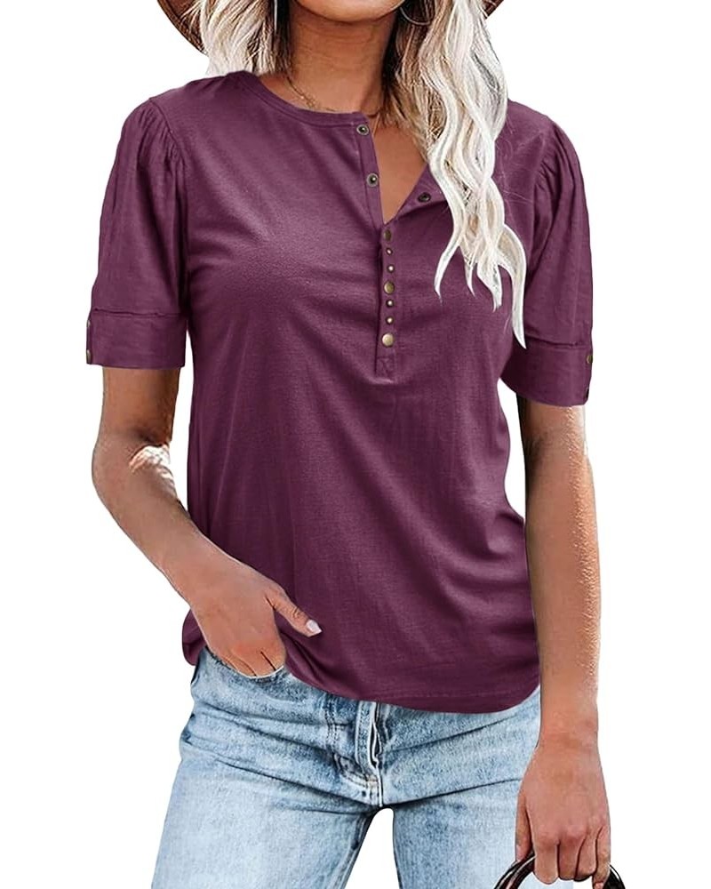 Women's Button Up Short Sleeve T Shirt Round Neck Solid Casual Tunic Shirts Wine Red $9.52 Tops