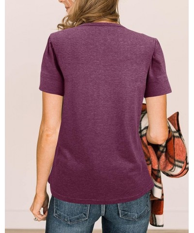 Women's Button Up Short Sleeve T Shirt Round Neck Solid Casual Tunic Shirts Wine Red $9.52 Tops