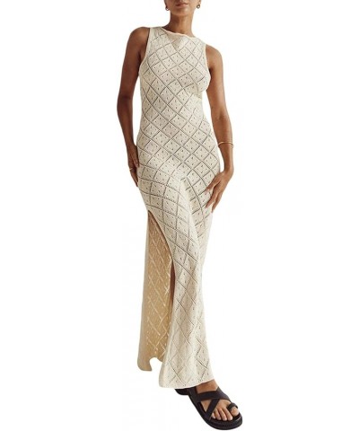 Women Crochet Knit Long Dress Y2k Hollow Out Backless Bodycon Maxi Dresses Summer Beach Coverup Sundress G Slit Apricot $14.2...