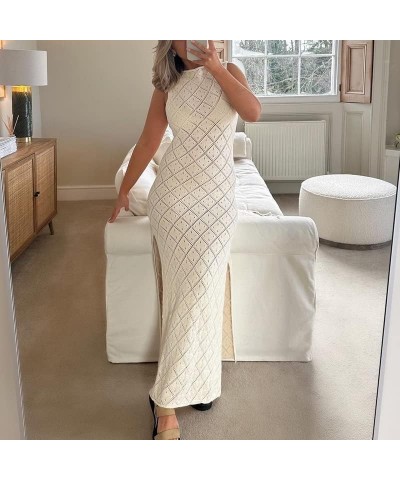 Women Crochet Knit Long Dress Y2k Hollow Out Backless Bodycon Maxi Dresses Summer Beach Coverup Sundress G Slit Apricot $14.2...