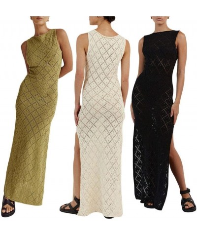 Women Crochet Knit Long Dress Y2k Hollow Out Backless Bodycon Maxi Dresses Summer Beach Coverup Sundress G Slit Apricot $14.2...