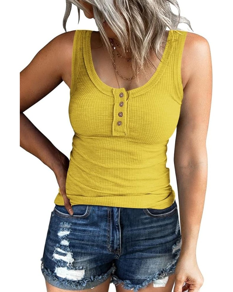 Women Tank Tops Summer Casual Ribbed Sleeveless Basic Cami Top Slim Henley Button Down Blouses Yellow $8.85 Tanks
