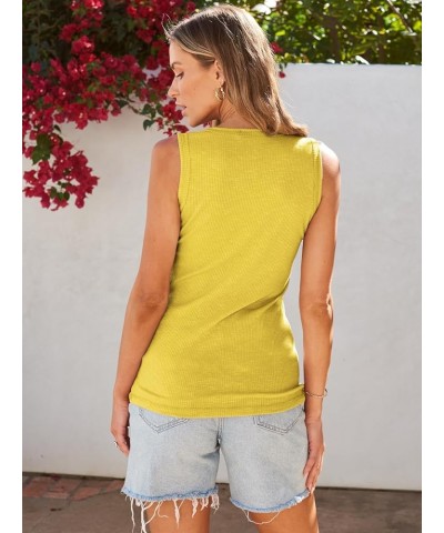 Women Tank Tops Summer Casual Ribbed Sleeveless Basic Cami Top Slim Henley Button Down Blouses Yellow $8.85 Tanks