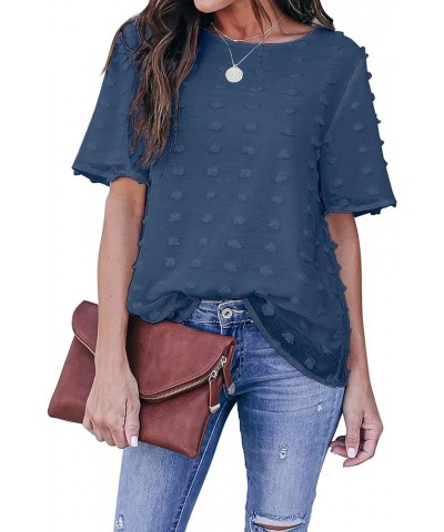 Womens Chiffon Blouse Round Neck Short Sleeves Pom Pom Shirts Tops Navy Blue $7.79 Blouses