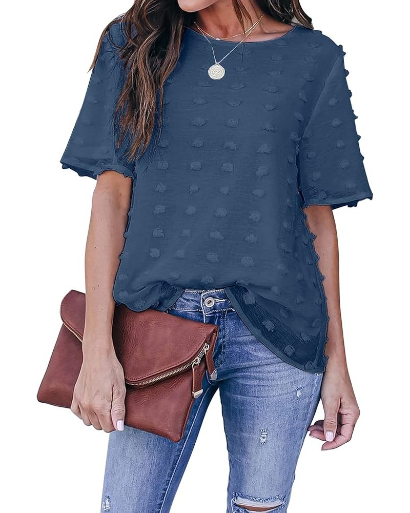 Womens Chiffon Blouse Round Neck Short Sleeves Pom Pom Shirts Tops Navy Blue $7.79 Blouses