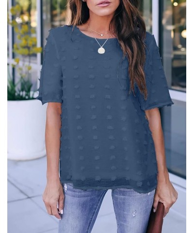 Womens Chiffon Blouse Round Neck Short Sleeves Pom Pom Shirts Tops Navy Blue $7.79 Blouses