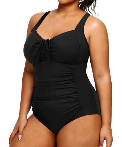 Plus Size One Piece Swimsuit for Women Tummy Control Vintage Bathing Suits Ruched Swimwear Black $21.46 Swimsuits