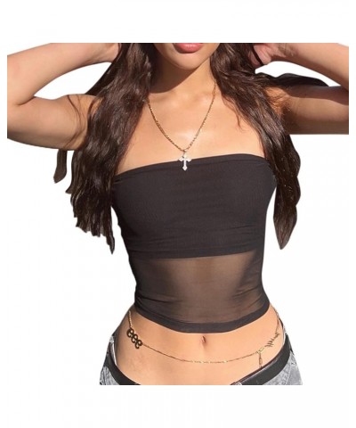 Women Sexy Bandeau Tube Tops Lace See Through Sleeveless Y2K Bustier Mesh Camisole Summer Crop Tops Black $9.84 Tanks