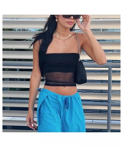 Women Sexy Bandeau Tube Tops Lace See Through Sleeveless Y2K Bustier Mesh Camisole Summer Crop Tops Black $9.84 Tanks