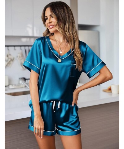 Silk Pajama for Women Short Sleeve Satin Pj Set Two Piece Soft Sleepwear Loungewear, S-XXL Blue $18.95 Sleep & Lounge