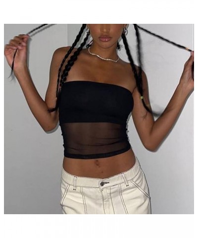 Women Sexy Bandeau Tube Tops Lace See Through Sleeveless Y2K Bustier Mesh Camisole Summer Crop Tops Black $9.84 Tanks