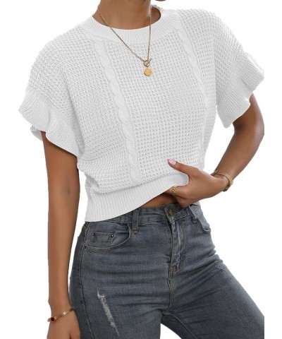 Women's Ruffled Short Sleeve Round Neck Knitted Crop Top Pullovers Sweater White $15.99 Sweaters