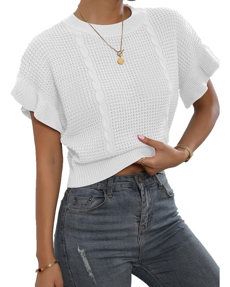 Women's Ruffled Short Sleeve Round Neck Knitted Crop Top Pullovers Sweater White $15.99 Sweaters