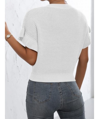 Women's Ruffled Short Sleeve Round Neck Knitted Crop Top Pullovers Sweater White $15.99 Sweaters