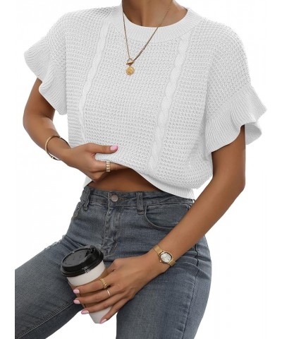 Women's Ruffled Short Sleeve Round Neck Knitted Crop Top Pullovers Sweater White $15.99 Sweaters