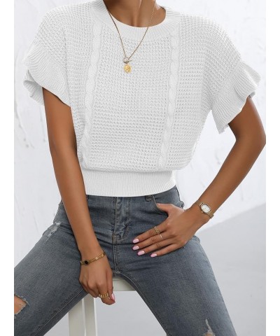 Women's Ruffled Short Sleeve Round Neck Knitted Crop Top Pullovers Sweater White $15.99 Sweaters