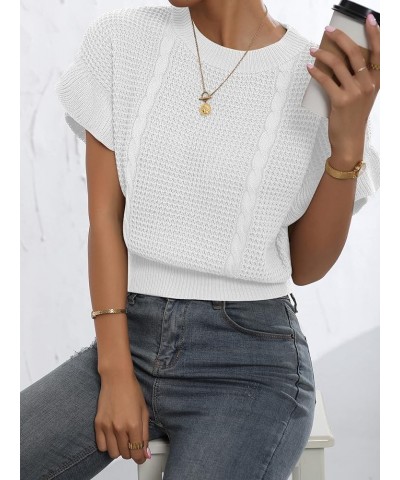 Women's Ruffled Short Sleeve Round Neck Knitted Crop Top Pullovers Sweater White $15.99 Sweaters