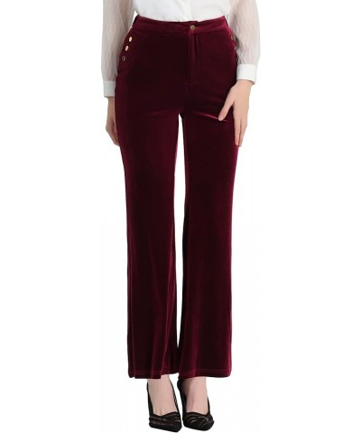 Women's Velvet Pants Botton Decor High Waist Wide Flare Leg Pants Burgundy $26.67 Pants