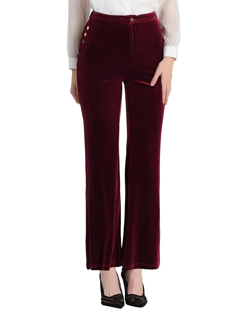 Women's Velvet Pants Botton Decor High Waist Wide Flare Leg Pants Burgundy $26.67 Pants