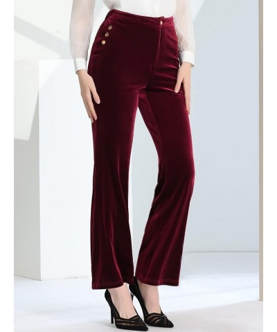 Women's Velvet Pants Botton Decor High Waist Wide Flare Leg Pants Burgundy $26.67 Pants