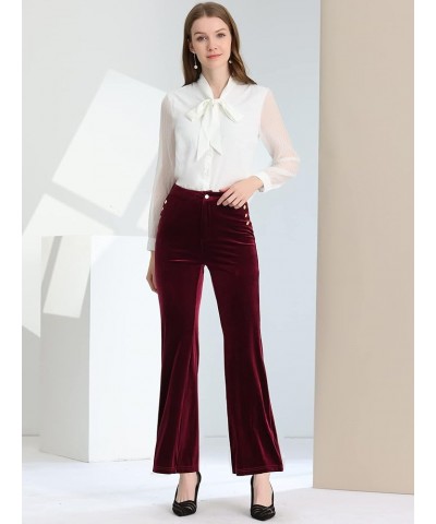 Women's Velvet Pants Botton Decor High Waist Wide Flare Leg Pants Burgundy $26.67 Pants