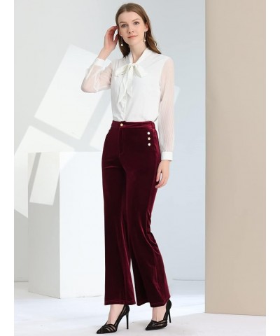 Women's Velvet Pants Botton Decor High Waist Wide Flare Leg Pants Burgundy $26.67 Pants