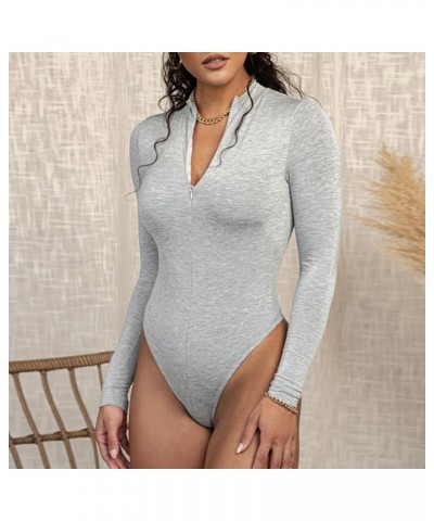 Women's Fleece Long Sleeve Bodysuit Front Zipper Mock Neck Slim Fit Basic Stretch Bodysuit Clubwear Black Grey $12.48 Bodysuits