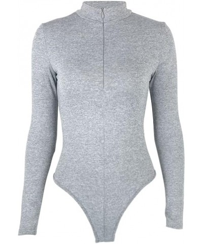 Women's Fleece Long Sleeve Bodysuit Front Zipper Mock Neck Slim Fit Basic Stretch Bodysuit Clubwear Black Grey $12.48 Bodysuits