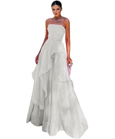 Strapless Prom Dresses Long Lace up Back Tulle Dress Women Formal A-Line Tube Ruffle DR0181 White $47.25 Dresses