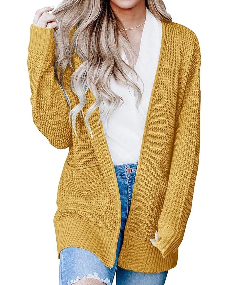 Womens Long Sleeve Waffle Knit Cardigan Open Front Side Slit Sweater Mustard $25.19 Sweaters