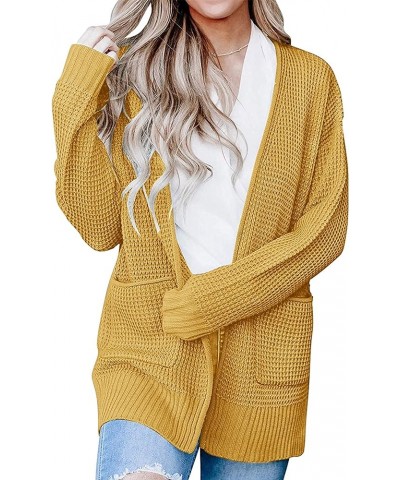 Womens Long Sleeve Waffle Knit Cardigan Open Front Side Slit Sweater Mustard $25.19 Sweaters