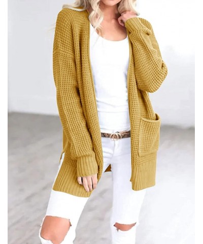 Womens Long Sleeve Waffle Knit Cardigan Open Front Side Slit Sweater Mustard $25.19 Sweaters