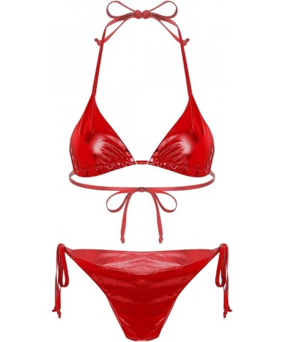 Women's Extreme Liquid Metallic String Bikini 2 Piece Swimsuit Set Halter Bra Top and Panty 2 Red a $4.67 Swimsuits