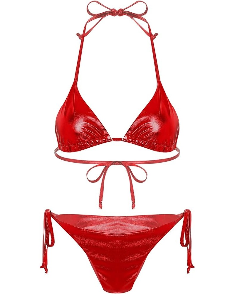 Women's Extreme Liquid Metallic String Bikini 2 Piece Swimsuit Set Halter Bra Top and Panty 2 Red a $4.67 Swimsuits