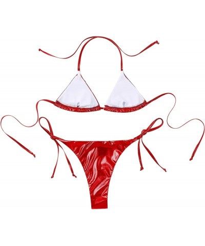 Women's Extreme Liquid Metallic String Bikini 2 Piece Swimsuit Set Halter Bra Top and Panty 2 Red a $4.67 Swimsuits