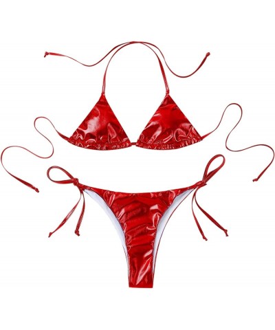 Women's Extreme Liquid Metallic String Bikini 2 Piece Swimsuit Set Halter Bra Top and Panty 2 Red a $4.67 Swimsuits