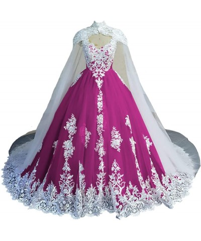 Puffy Off Shoulder Quinceanera Dresses with Cape Ball Gown Tulle Lace Prom Dresses with White Appliques Fuchsia $67.08 Dresses